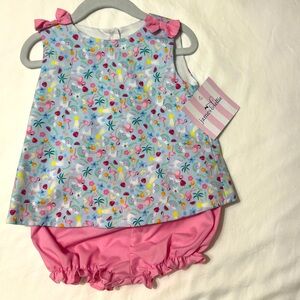 James & Lottie. Swing Bloomer Short Set, Tooty Fruity Flamingo. 24 month.